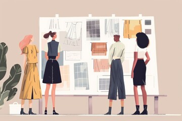 Artwork depicting four fashion designers standing around a board covered with fabric samples and patterns, showcasing a collaborative and creative design process in the fashion industry.
