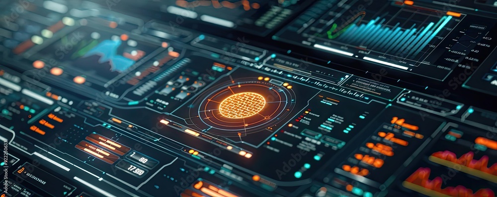 Poster futuristic digital dashboard showcasing data analysis, graphs, and metrics in vibrant colors for tec