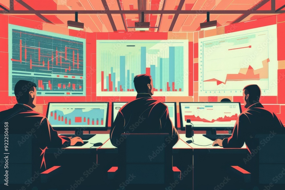 Aufkleber Three traders in a modern trading floor, intensely focused on financial data displayed on multiple monitors, emphasizing the importance of real-time information and quick decision making in trading.