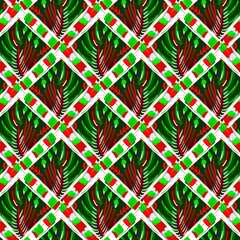 Modern christmas foliage fir branch in traditional red green colors for festive home decor. Scandi bright yuletide holiday background in repeatable tile swatch.