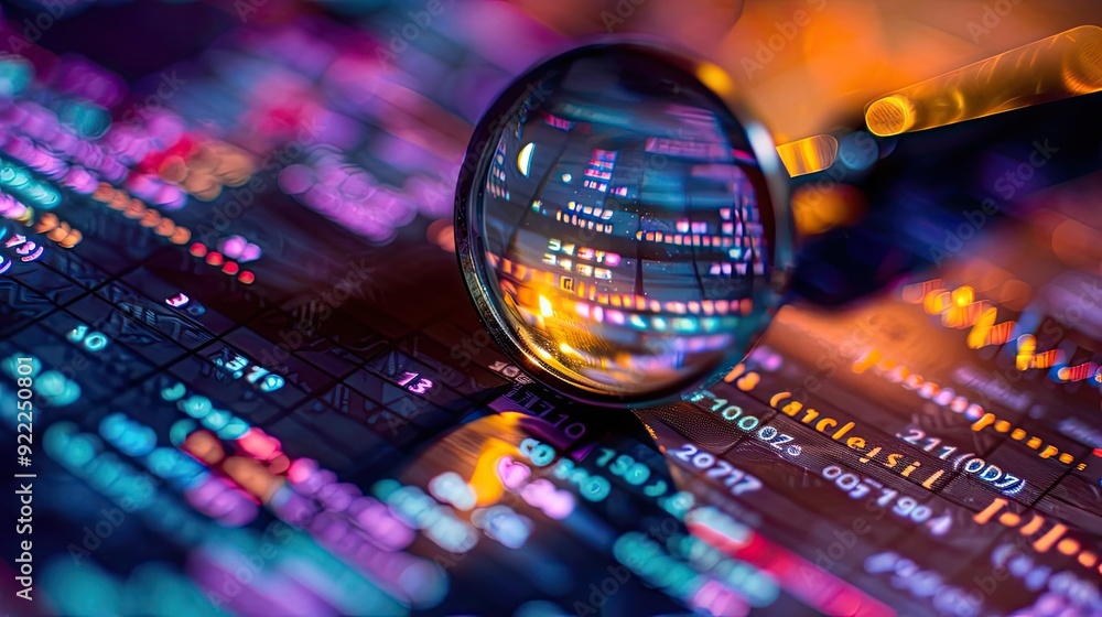 Poster close-up of a magnifying glass revealing colorful data patterns, symbolizing analysis and digital in