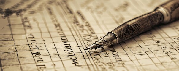 An antique pen lies on a vintage manuscript filled with elegant calligraphy, evoking thoughts of creativity and history.