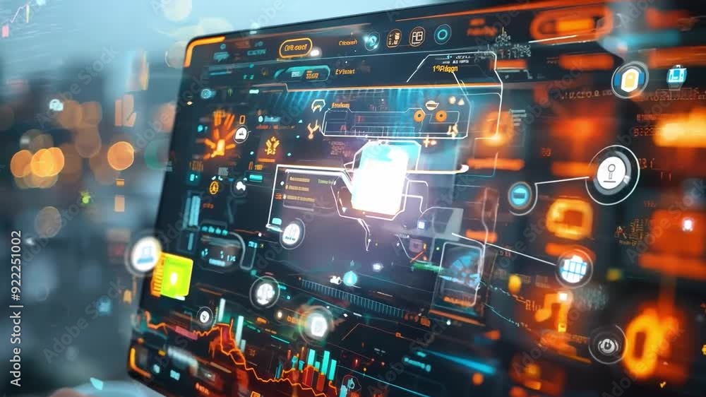 Poster a user interacts with a vibrant digital dashboard showcasing graphs and metrics as the sun sets outs
