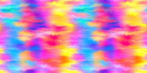 Modern rainbow blur summer seamless border pattern for a funky hippy mood. Wavy blur bleed melt ink banner edging effect in vibrant gradient tie dye colors. 