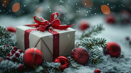 White Gift Box with Red Bow and Ornaments in Snow