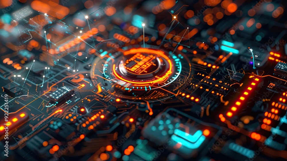 Poster futuristic technology close-up showcasing intricate circuits with glowing elements in vibrant colors