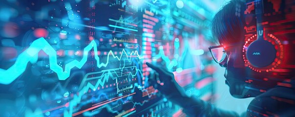 A focused person interacts with digital data visualizations while wearing headphones, symbolizing technology and innovation.