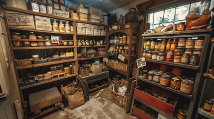 A small, compact store room with a meticulous arrangement of canned goods and supplies.