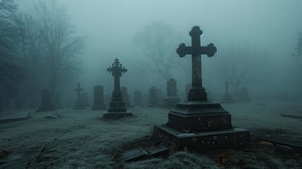 A Foggy Graveyard with a Large Cross and Numerous Tombstones