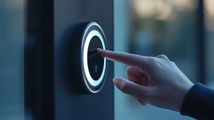 Naklejka premium Close-Up Shot of Fingers Tapping a Smart Doorbell with Video Camera and LED Ring