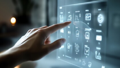 Close-Up of Hand Interacting with a Smart Home Control Panel Embedded in a Wall