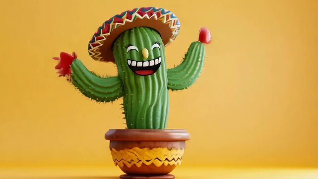 Cute cartoon cactus wearing a colorful sombrero, happily dancing against a bright yellow background. Fun and cheerful character concept.