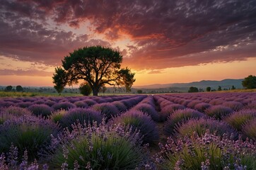 Lavender field in blossom. Rows of lavender bushes stretching to the skyline. 