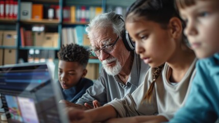 Obraz premium Grandson Teaches Grandfather How to Use Technology