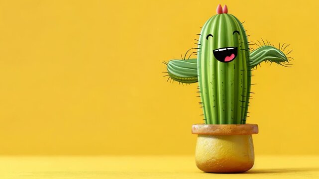 Cute cartoon cactus wearing a colorful sombrero, happily dancing against a bright yellow background. Fun and cheerful character concept.
