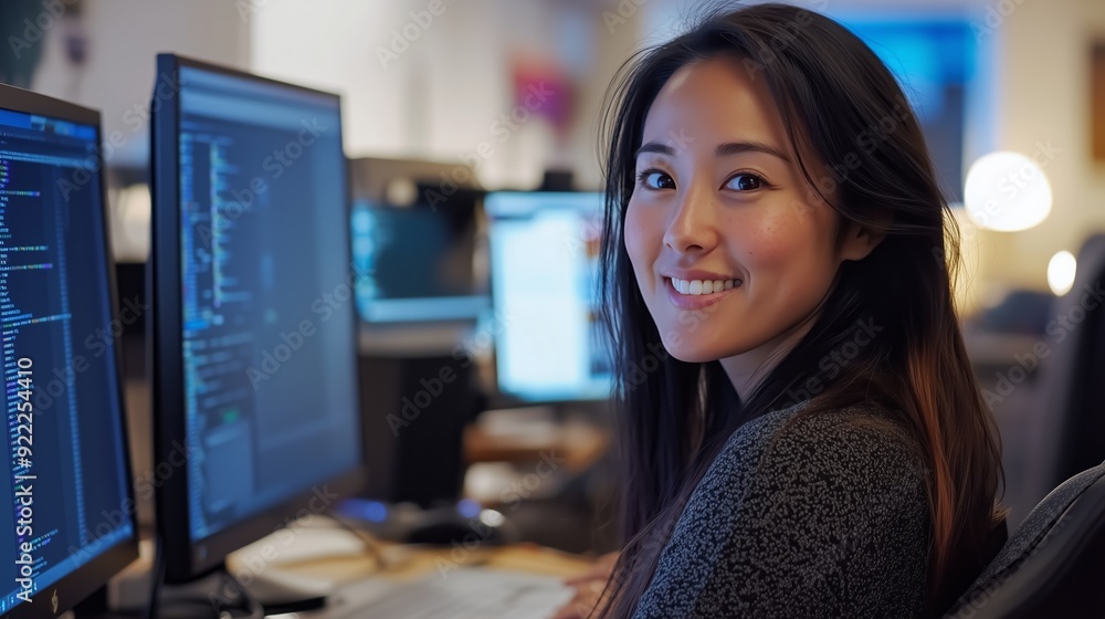 Poster young woman smiling at her computer desk with programming code on multiple screens during evening ho