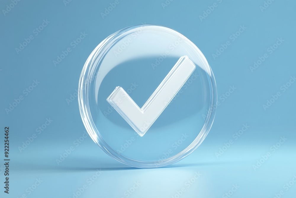 Poster this is a visually striking 3d transparent checkmark icon that features a light blue background, sym