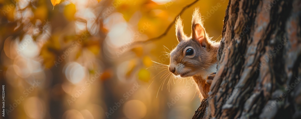 Poster a red squirrel peeking out from behind a tree trunk in autumn