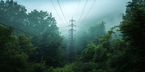 Obraz premium Minimalistic photo of high voltage power lines seen through a dense forest.