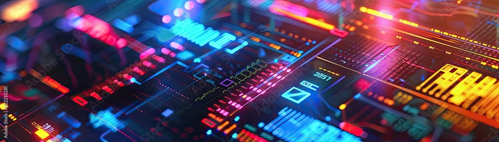 Poster vibrant abstract close-up of a digital circuit board, showcasing intricate lines and glowing lights 