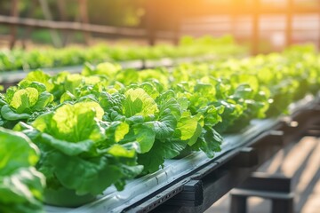 Fresh green lettuce growing in a sunlit greenhouse during the afternoon