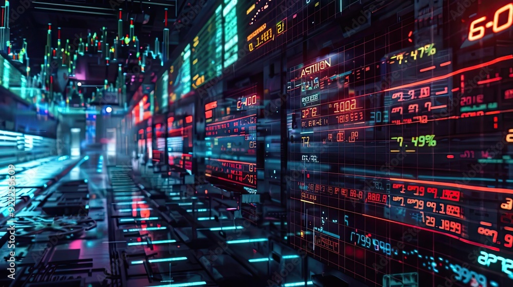 Poster futuristic data center with glowing screens, representing advanced technology and digital informatio