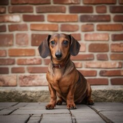 cute dachshund wiener Dog Sausage Doggo on the brick wall