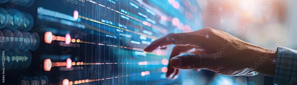 Poster a hand interacting with a digital interface, showcasing technology and modern innovation in a captiv