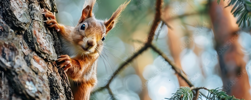 Poster red squirrel climbing a tree trunk, looking directly at camera