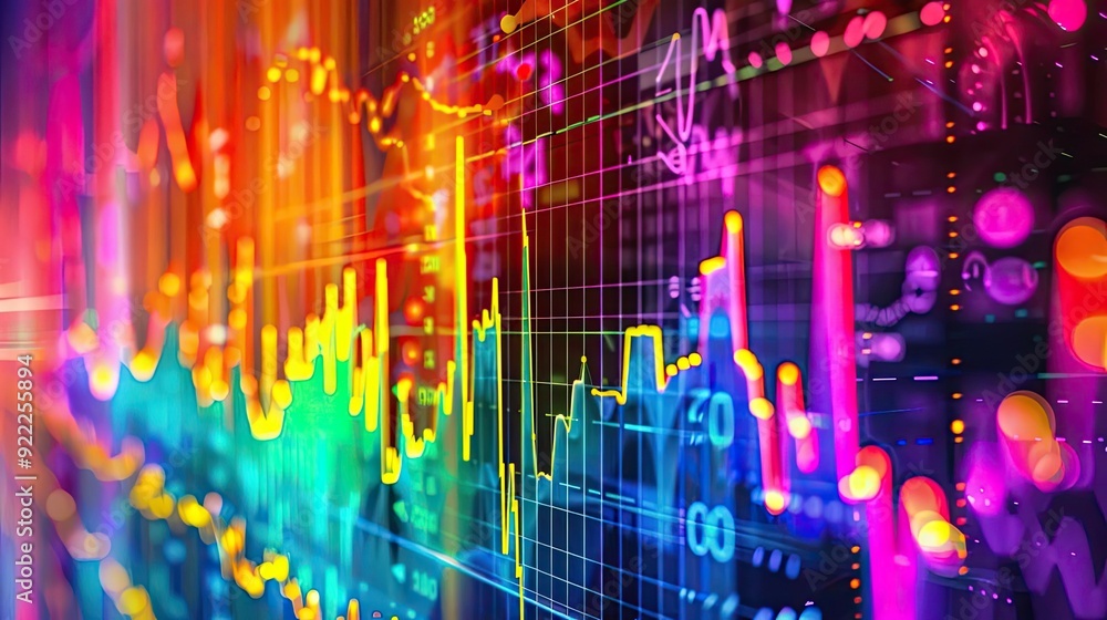 Poster vibrant digital data visualization with colorful charts and graphs representing market trends and an