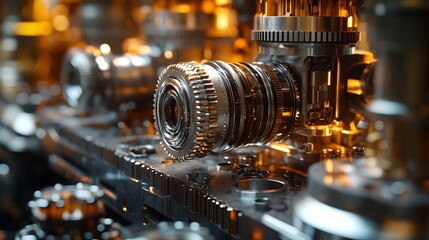 Naklejka premium Detailed Mechanical Engine Components in Workshop Setting