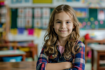 Smiling Young Girl in a Classroom with Colorful Background