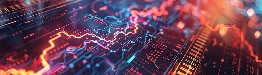 Fototapeta premium Futuristic digital data visualization with vibrant colors and dynamic patterns representing technology and financial growth.