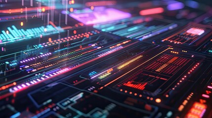 A vibrant digital landscape showcasing abstract data patterns and neon lights, perfect for technology themes and innovative designs.