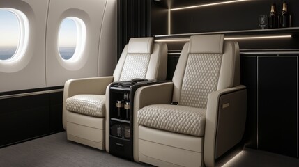 Fototapeta premium Sleek private jet cabin featuring creamy leather seats, sleek black accents, and a minibar, embodying ultimate luxury in the skies