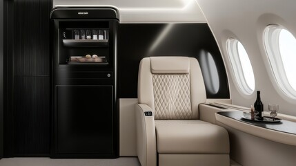 Sleek private jet cabin featuring creamy leather seats, sleek black accents, and a minibar, embodying ultimate luxury in the skies