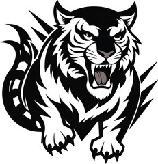 Fototapeta premium Fierce and powerful, this dynamic black vector silhouette of an angry tiger is perfect for graphic design projects.