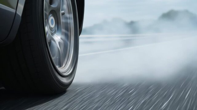 Intense close-up shot of a car tire skidding on asphalt, generating smoke as it drifts at high speed