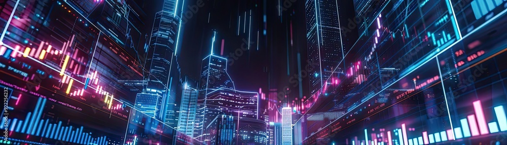 Aufkleber futuristic city skyline with vibrant digital graphs and data visualizations showcasing technological