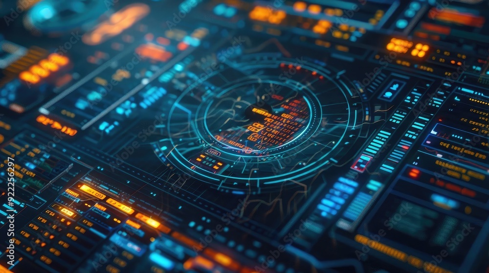Poster futuristic digital interface featuring glowing lights and intricate patterns, ideal for tech and sci