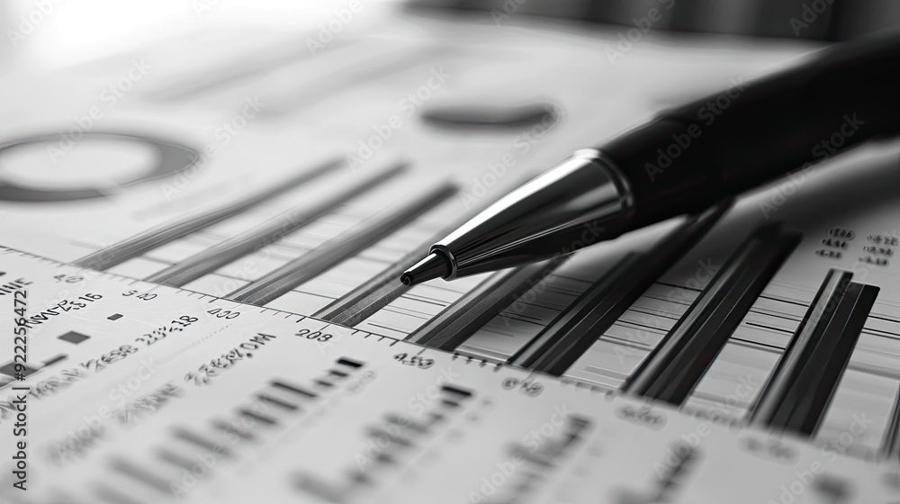 Poster close-up of a pen on a financial report with charts and graphs, showcasing data analysis and busines