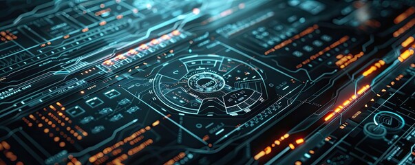 Obraz premium Futuristic technological interface showcasing intricate patterns, glowing elements, and data visualization for digital innovation.