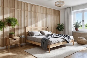 Fototapeta premium A bedroom with a wooden wall and a white curtain