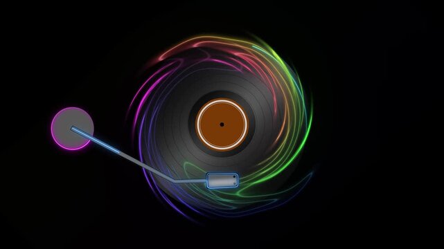 Beautiful modern neon animation with retro vinyl music rotating on black background