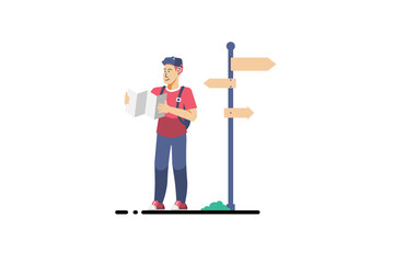 Male tourist with map in hand and sign, Vector illustration.