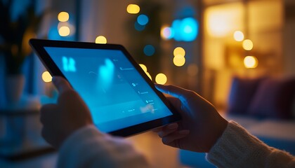 Close-Up of Person Using a Smart Tablet to Adjust Home Lighting in a Modern Living Room