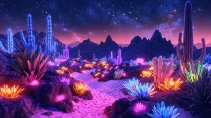 Futuristic and colorful desert landscape with neon-lit cacti, glowing succulents, and soft glowing sand under a starry twilight sky. Glow