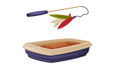 Supplies for domestic animals set. Pet cat litter box, plastic animal toilet. Stick with feathers, toy for cats cartoon vector illustration