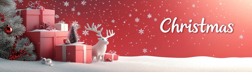 Festive Christmas Sale Banner with 3D Elements and Typography on Clean Red Background