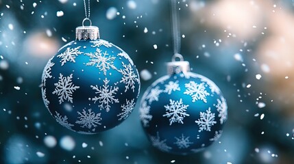 Charming Close-Up of Deep Blue and Teal Christmas Ornaments with Snowflake Patterns – Perfect for Holiday Decor Posters or Festive Home Interiors